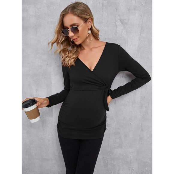 Maternity Solid Nursing v neck long sleeve Tee tie front black - Picture 3 of 11